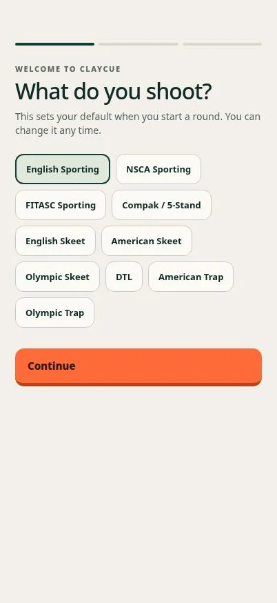 ClayCue shooting discipline selection screen