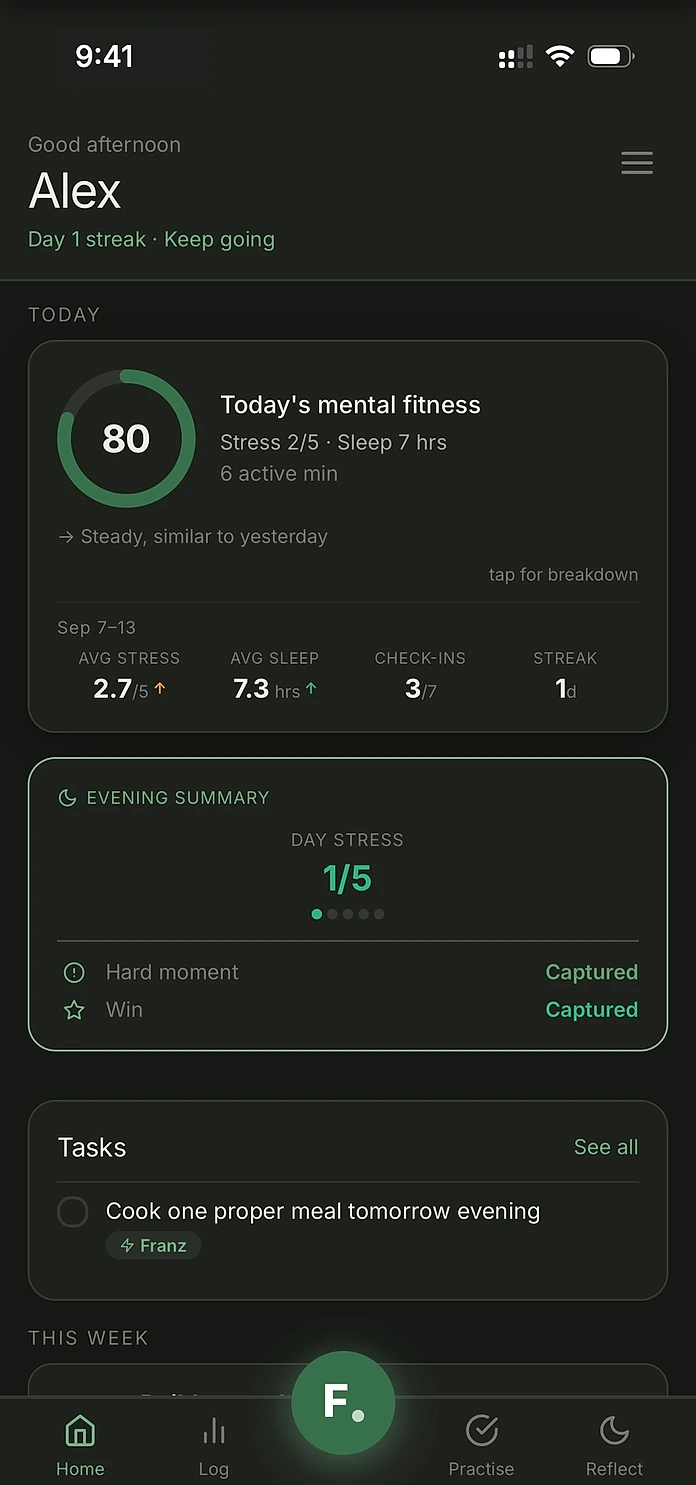 Franz daily check-in dashboard, example app screen